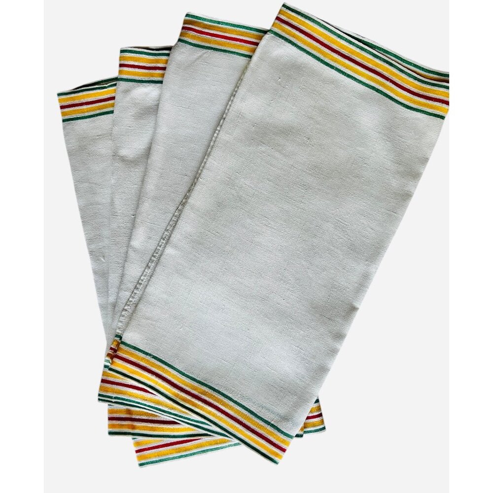 4 Vintage White Linen Cotton Dishtowels Yellow Red Green Stripes 33x17 - Picture 2 of 6